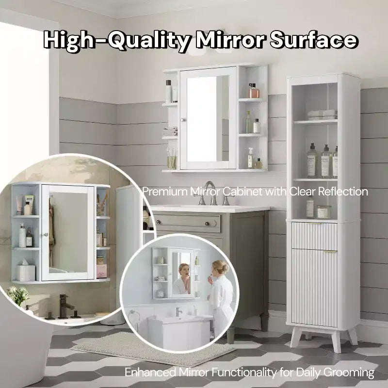 Armoire à pharmacie de salle de bain murale en bois moderne avec miroir et étagères ouvertes