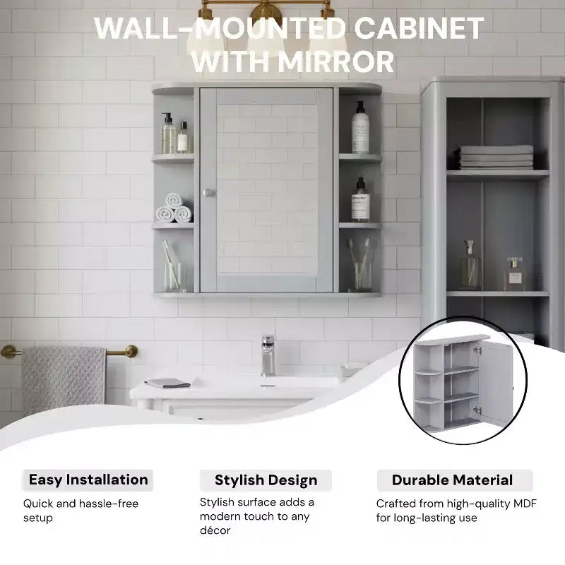 Armoire à pharmacie de salle de bain murale en bois moderne avec miroir et étagères ouvertes