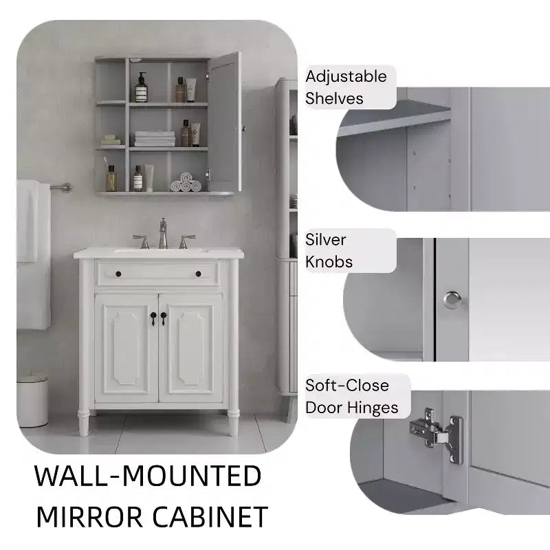 Armoire à pharmacie de salle de bain murale en bois moderne avec miroir et étagères ouvertes