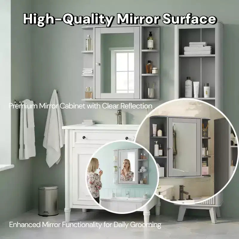 Armoire à pharmacie de salle de bain murale en bois moderne avec miroir et étagères ouvertes