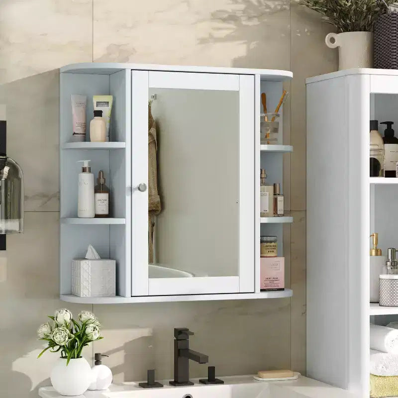 Armoire à pharmacie de salle de bain murale en bois moderne avec miroir et étagères ouvertes