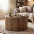 Lantine 31.5 Round Coffee Table, Fluted Drum Base with Wooden Grain Veneer Top, Modern Center Table for Living Room, Office, Small Space