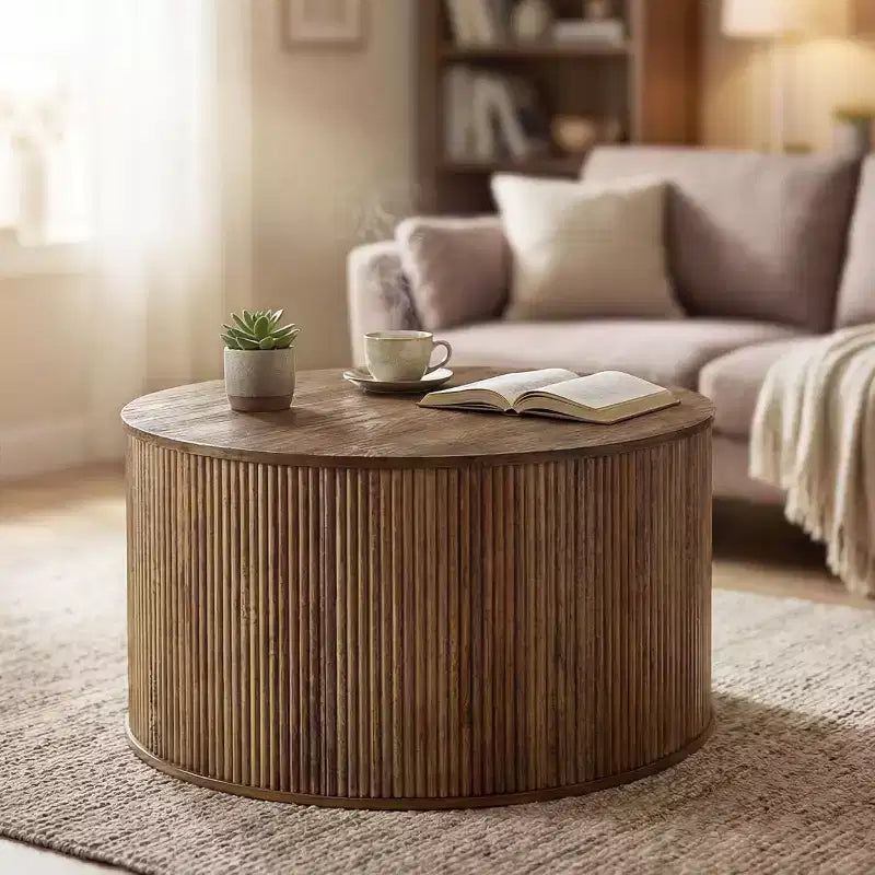 Lantine 31.5 Round Coffee Table, Fluted Drum Base with Wooden Grain Veneer Top, Modern Center Table for Living Room, Office, Small Space