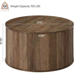 Table basse ronde de 31,5 pouces, base tambour cannelée avec plateau en placage de grain de bois, table centrale moderne pour salon, bureau, petit espace