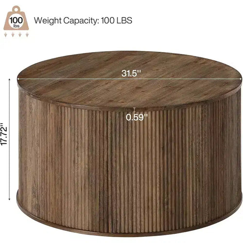 Table basse ronde de 31,5 pouces, base tambour cannelée avec plateau en placage de grain de bois, table centrale moderne pour salon, bureau, petit espace