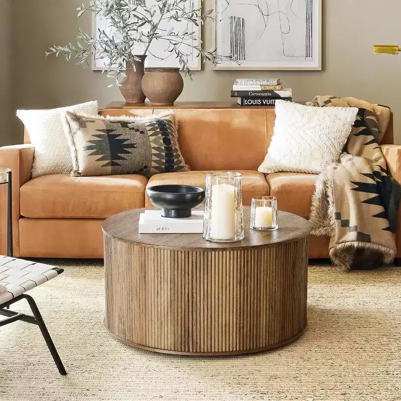 Table basse ronde de 31,5 pouces, base tambour cannelée avec plateau en placage de grain de bois, table centrale moderne pour salon, bureau, petit espace