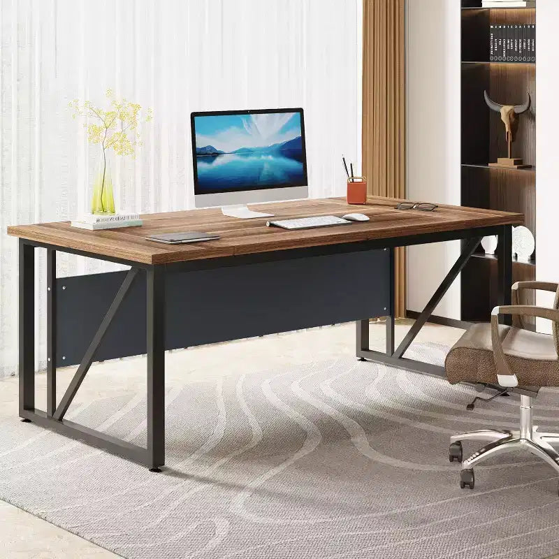 Lantine 63-Inch Computer Desk, Modern Home Office Writing Table for Workstation, Dark Walnut Finish, Steel Legs