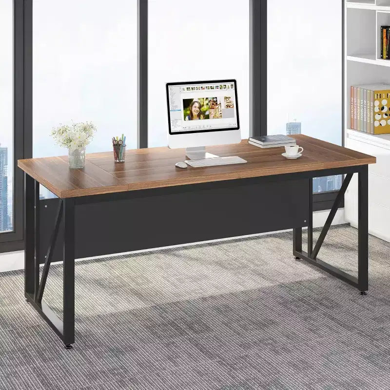 Bureau informatique de 63 pouces, table d'écriture moderne pour bureau à domicile ou poste de travail, finition noyer foncé, pieds en acier