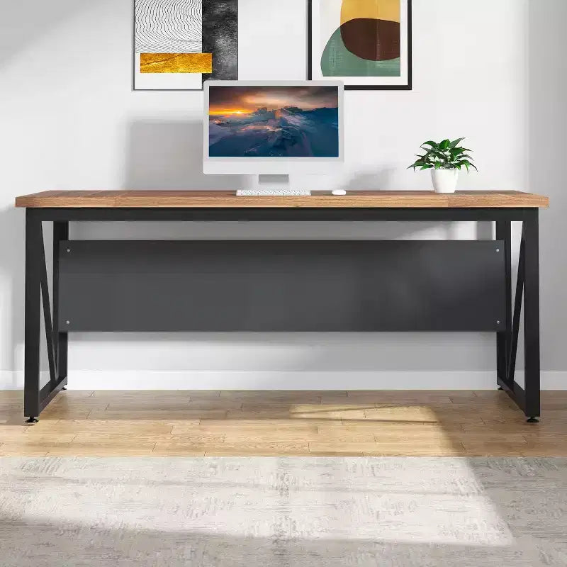 Bureau informatique de 63 pouces, table d'écriture moderne pour bureau à domicile ou poste de travail, finition noyer foncé, pieds en acier