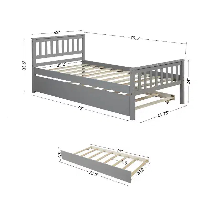 Lit jumeau avec lit gigogne, cadre de lit plateforme en bois massif avec tête de lit, pas besoin de sommier tapissier