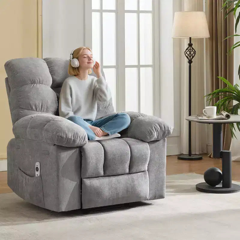 Fauteuil inclinable à bascule large avec massage et chauffage pour adultes, canapé-lit ergonomique en tissu respirant surdimensionné avec 2 poches latérales, salon