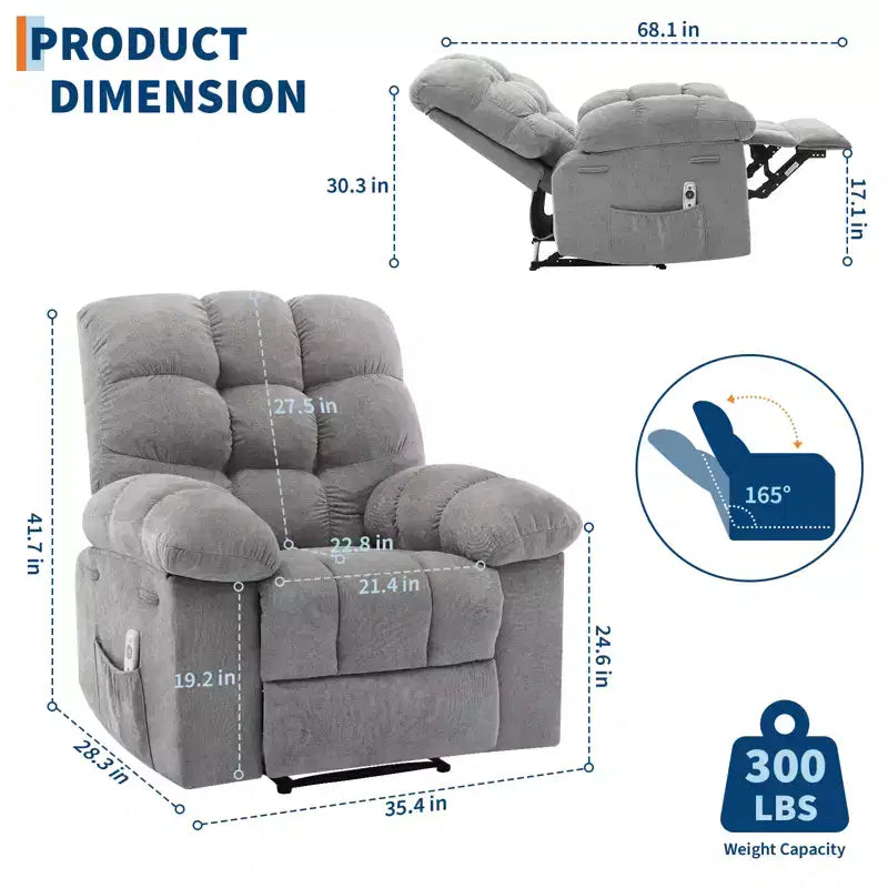 Fauteuil inclinable à bascule large avec massage et chauffage pour adultes, canapé-lit ergonomique en tissu respirant surdimensionné avec 2 poches latérales, salon