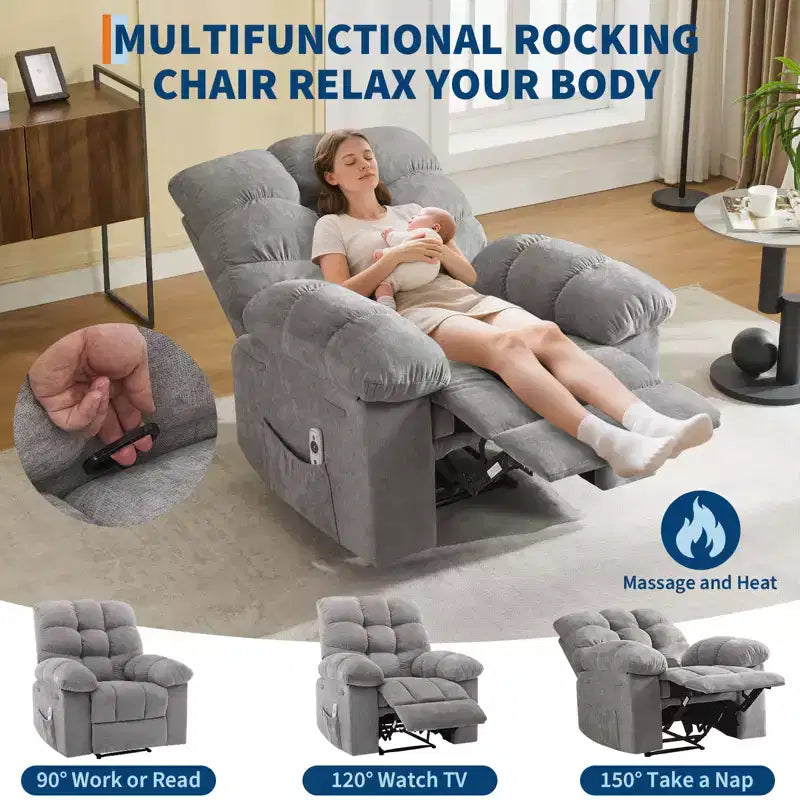 Fauteuil inclinable à bascule large avec massage et chauffage pour adultes, canapé-lit ergonomique en tissu respirant surdimensionné avec 2 poches latérales, salon
