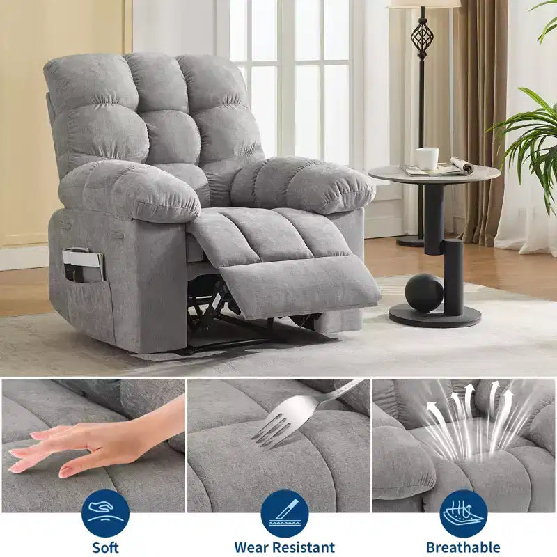 Fauteuil inclinable à bascule large avec massage et chauffage pour adultes, canapé-lit ergonomique en tissu respirant surdimensionné avec 2 poches latérales, salon