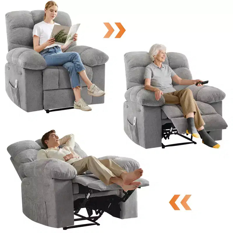 Fauteuil inclinable à bascule large avec massage et chauffage pour adultes, canapé-lit ergonomique en tissu respirant surdimensionné avec 2 poches latérales, salon