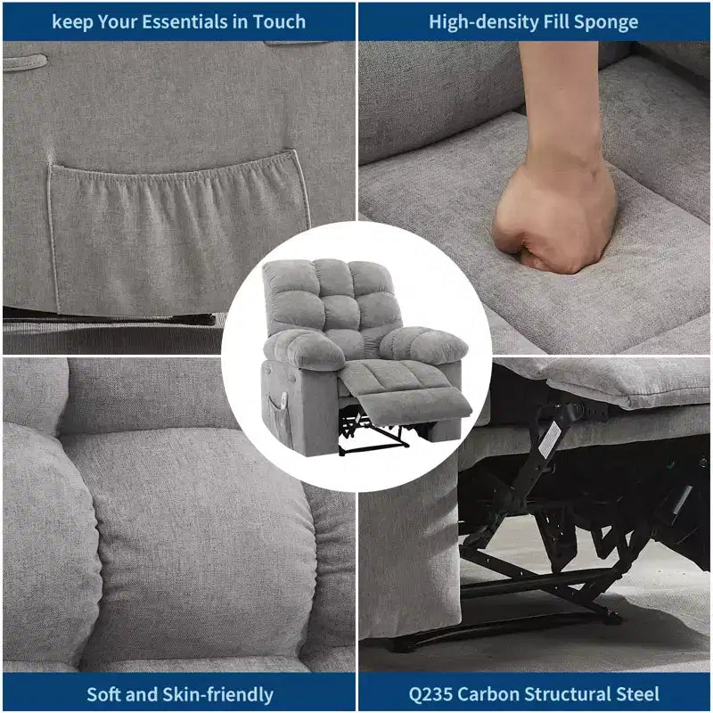 Fauteuil inclinable à bascule large avec massage et chauffage pour adultes, canapé-lit ergonomique en tissu respirant surdimensionné avec 2 poches latérales, salon