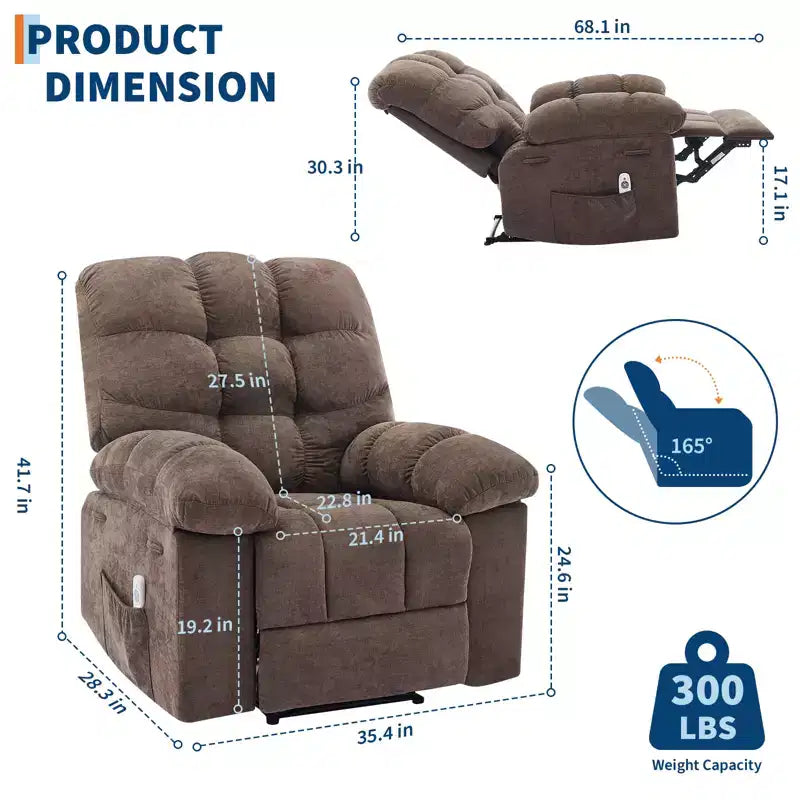 Fauteuil inclinable à bascule large avec massage et chauffage pour adultes, canapé-lit ergonomique en tissu respirant surdimensionné avec 2 poches latérales, salon