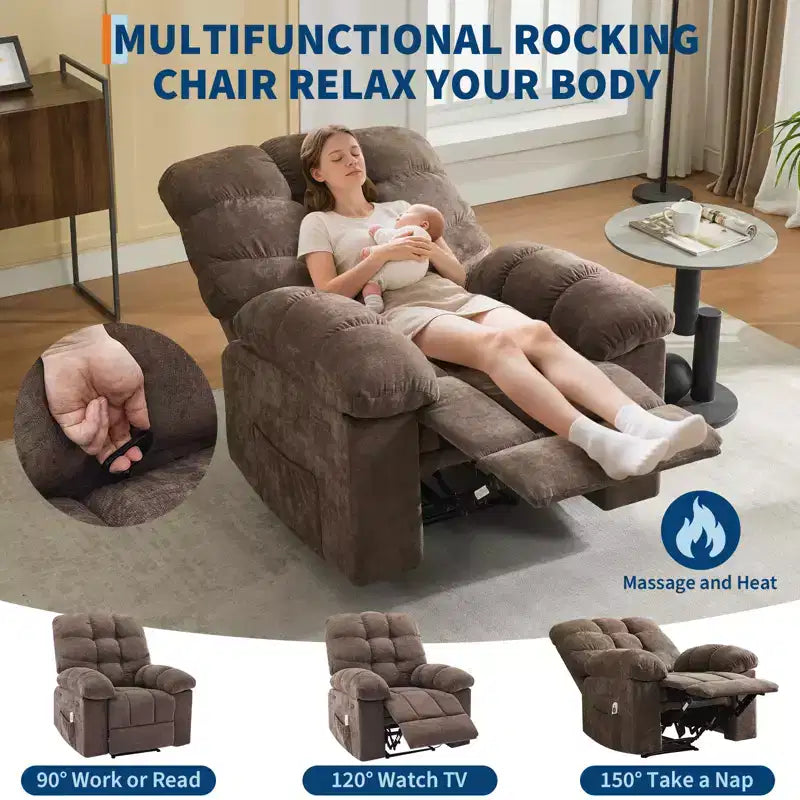 Fauteuil inclinable à bascule large avec massage et chauffage pour adultes, canapé-lit ergonomique en tissu respirant surdimensionné avec 2 poches latérales, salon