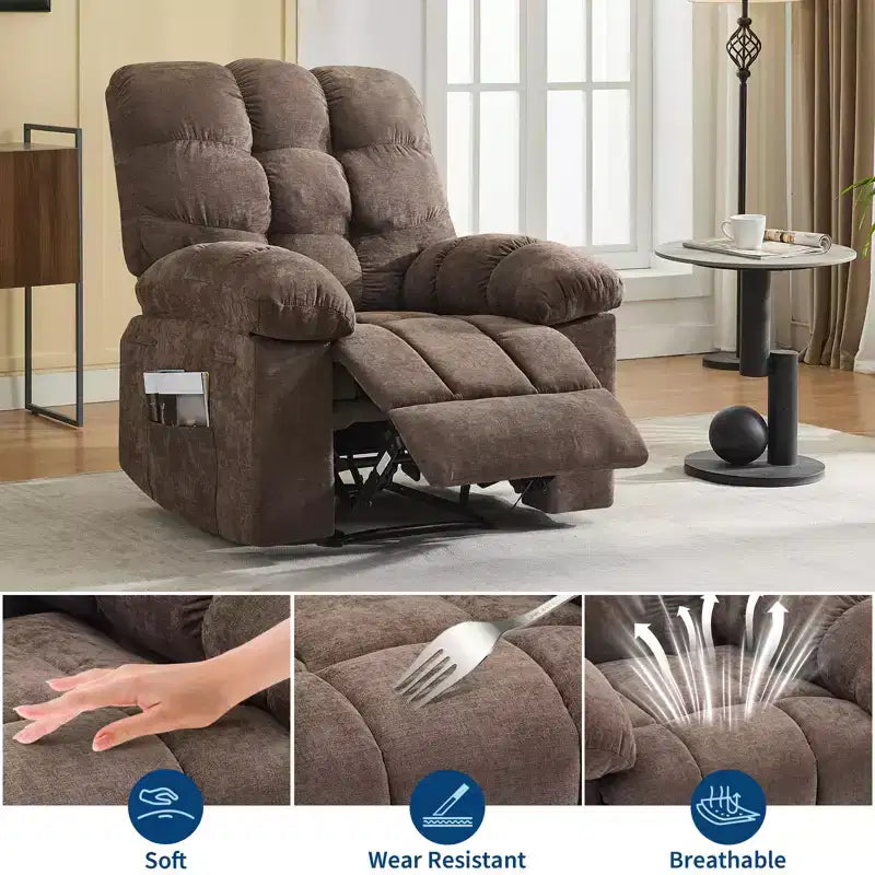 Fauteuil inclinable à bascule large avec massage et chauffage pour adultes, canapé-lit ergonomique en tissu respirant surdimensionné avec 2 poches latérales, salon