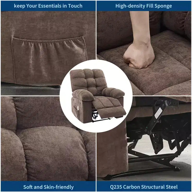 Fauteuil inclinable à bascule large avec massage et chauffage pour adultes, canapé-lit ergonomique en tissu respirant surdimensionné avec 2 poches latérales, salon