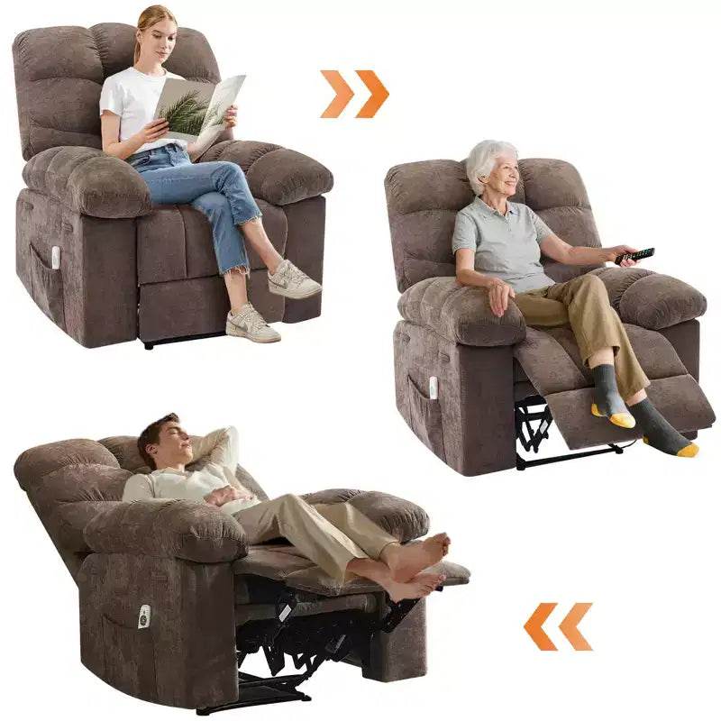 Fauteuil inclinable à bascule large avec massage et chauffage pour adultes, canapé-lit ergonomique en tissu respirant surdimensionné avec 2 poches latérales, salon