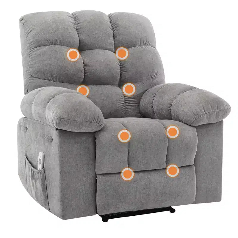 Fauteuil inclinable à bascule large avec massage et chauffage pour adultes, canapé-lit ergonomique en tissu respirant surdimensionné avec 2 poches latérales, salon
