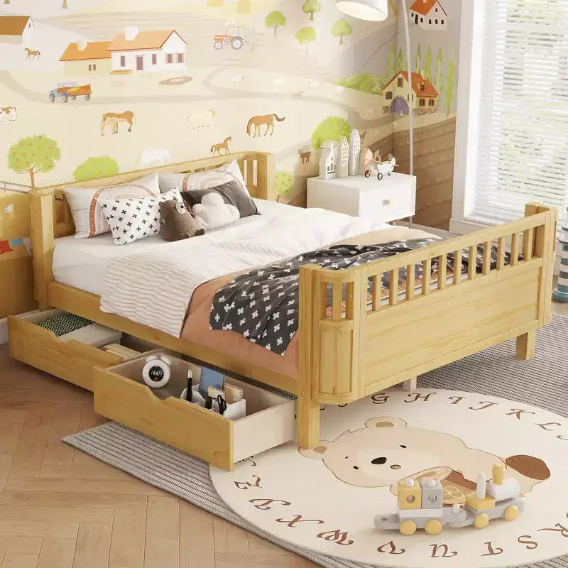 JVNOXK Full Size Wood Platform Bed for Kids, Wood Low Profile Full Bed with Rails for Girls and Boys, Natural