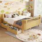 JVNOXK Full Size Wood Platform Bed for Kids, Wood Low Profile Full Bed with Rails for Girls and Boys, Natural