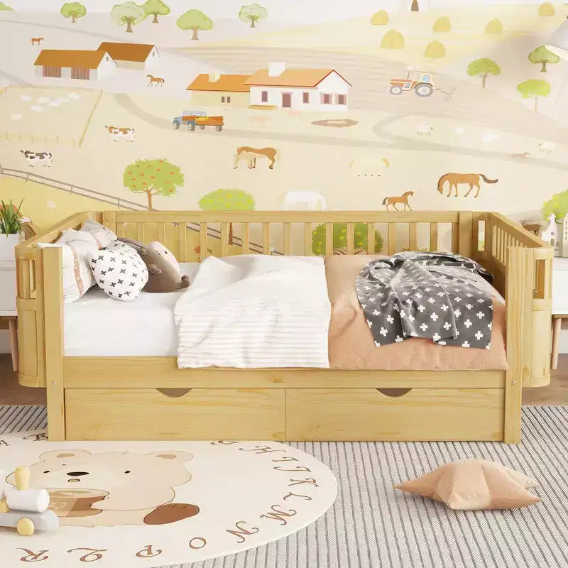 Lit plateforme pleine grandeur en bois pour enfants, lit double bas en bois avec barrières pour filles et garçons, naturel