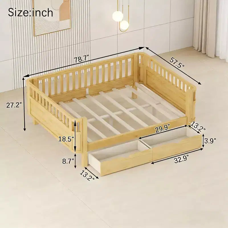 Lit plateforme pleine grandeur en bois pour enfants, lit double bas en bois avec barrières pour filles et garçons, naturel