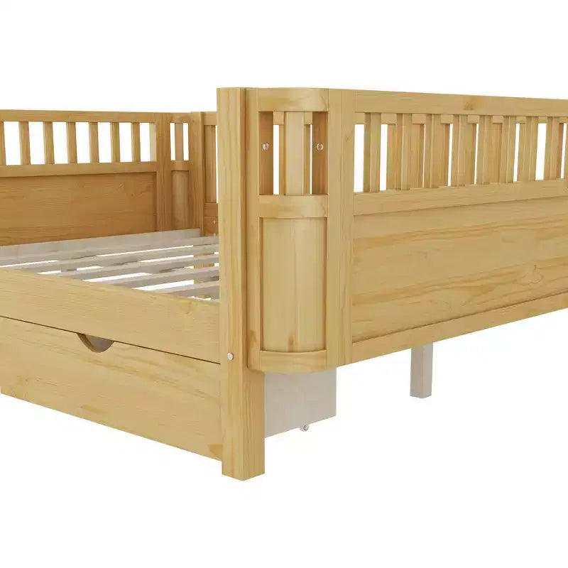 Lit plateforme pleine grandeur en bois pour enfants, lit double bas en bois avec barrières pour filles et garçons, naturel