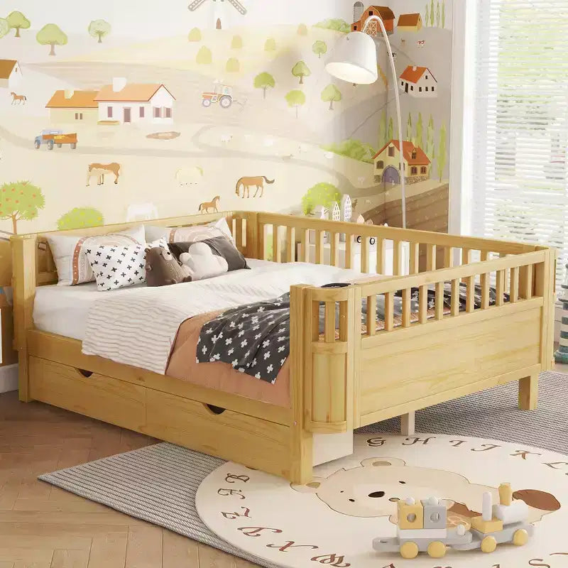 Lit plateforme pleine grandeur en bois pour enfants, lit double bas en bois avec barrières pour filles et garçons, naturel
