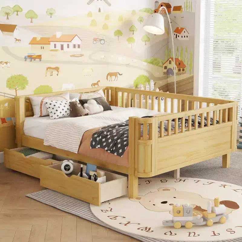 Lit plateforme pleine grandeur en bois pour enfants, lit double bas en bois avec barrières pour filles et garçons, naturel