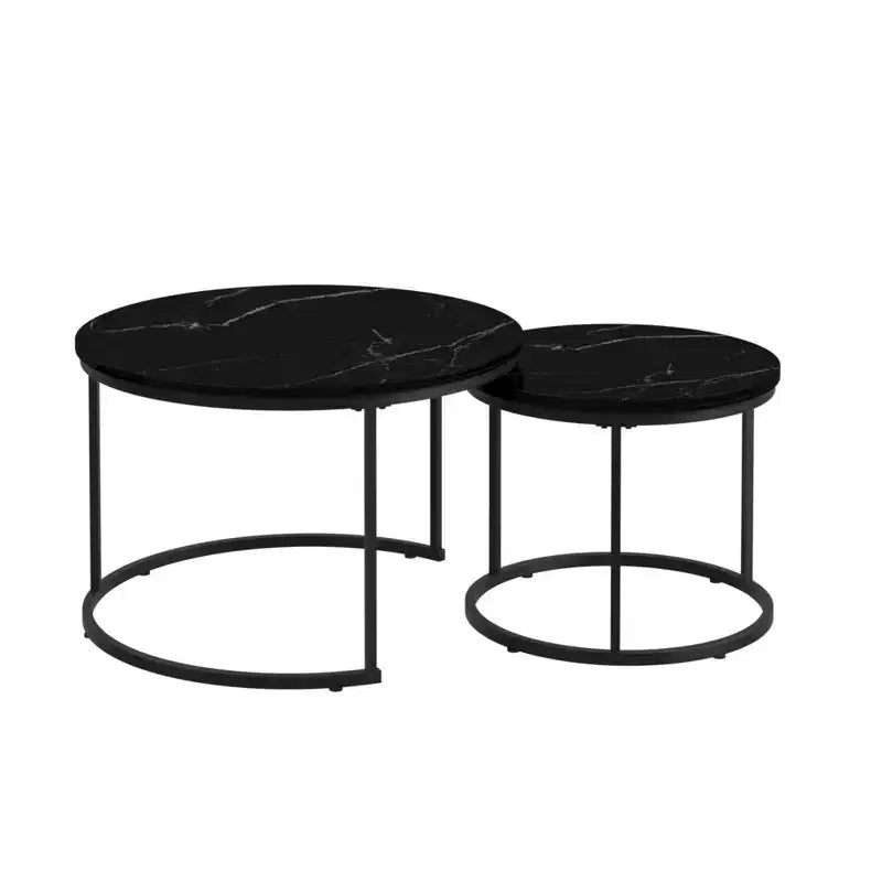 Lot de 2 tables basses gigognes rondes, tables d'appoint en marbre, noir/blanc/marron