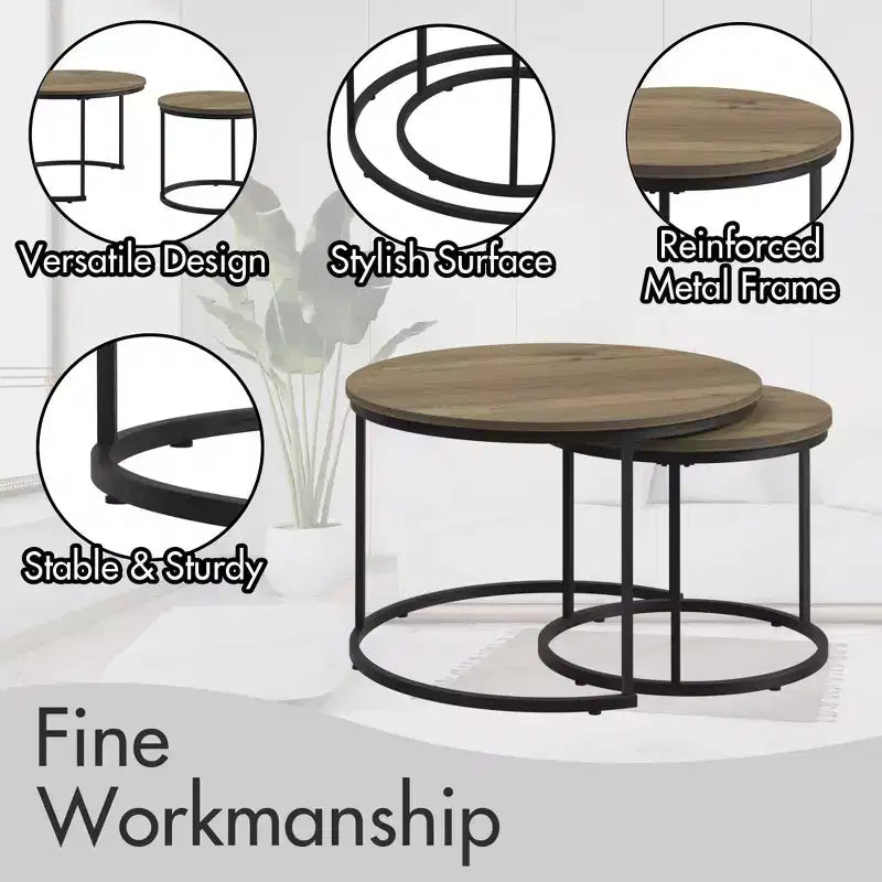 Lot de 2 tables basses gigognes rondes, tables d'appoint en marbre, noir/blanc/marron