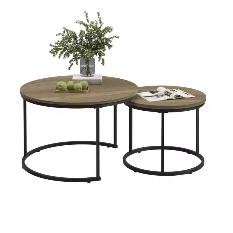 Lot de 2 tables basses gigognes rondes, tables d'appoint en marbre, noir/blanc/marron