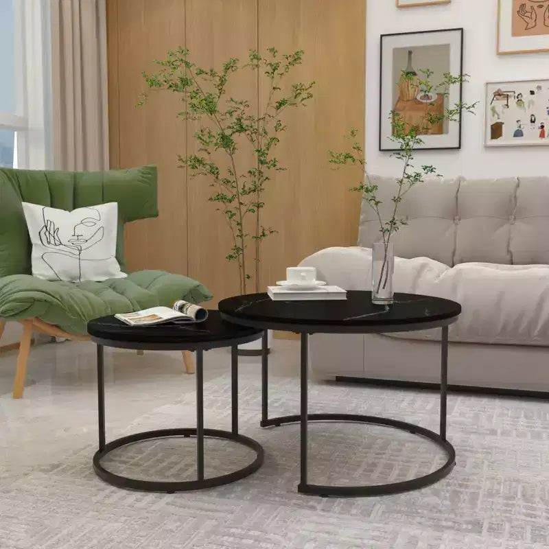 Lot de 2 tables basses gigognes rondes, tables d'appoint en marbre, noir/blanc/marron