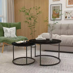 Lot de 2 tables basses gigognes rondes, tables d'appoint en marbre, noir/blanc/marron
