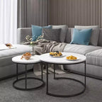 Lot de 2 tables basses gigognes rondes, tables d'appoint en marbre, noir/blanc/marron