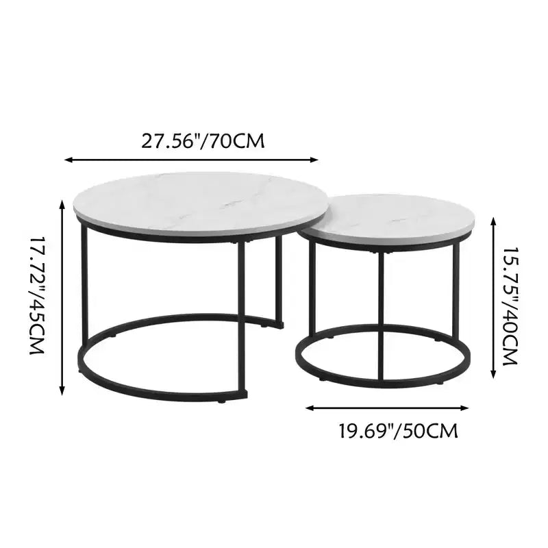 Lot de 2 tables basses gigognes rondes, tables d'appoint en marbre, noir/blanc/marron