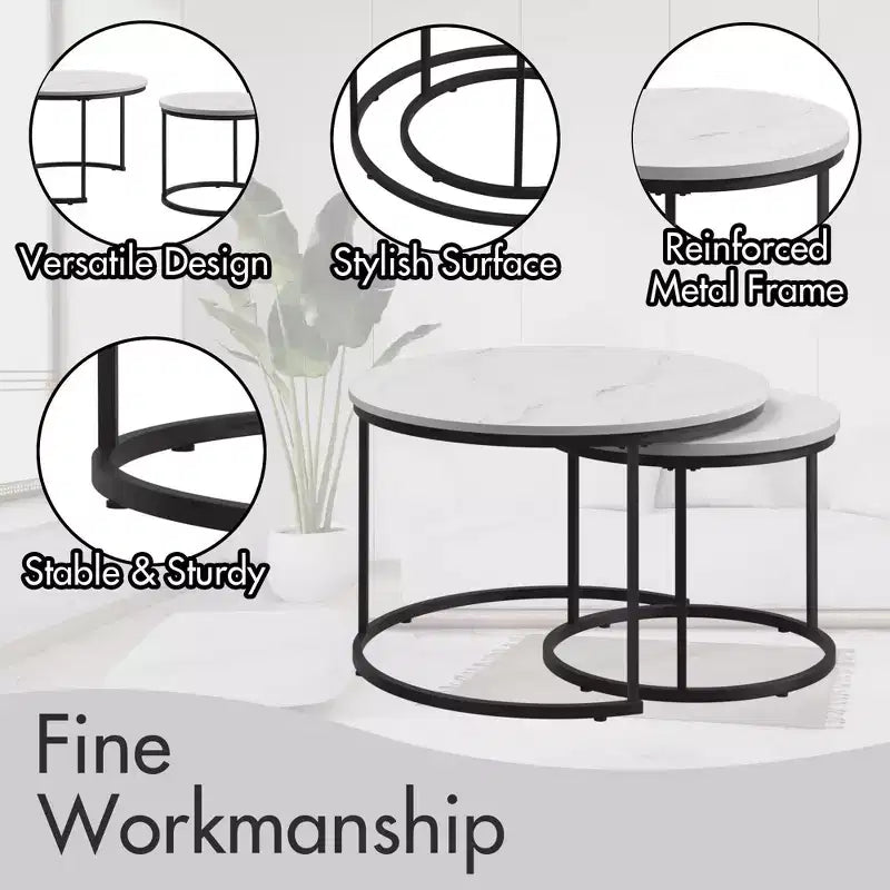 Lot de 2 tables basses gigognes rondes, tables d'appoint en marbre, noir/blanc/marron