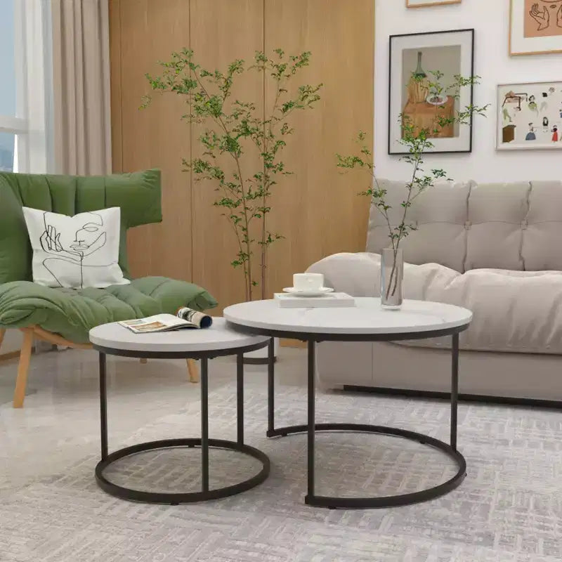 Lot de 2 tables basses gigognes rondes, tables d'appoint en marbre, noir/blanc/marron