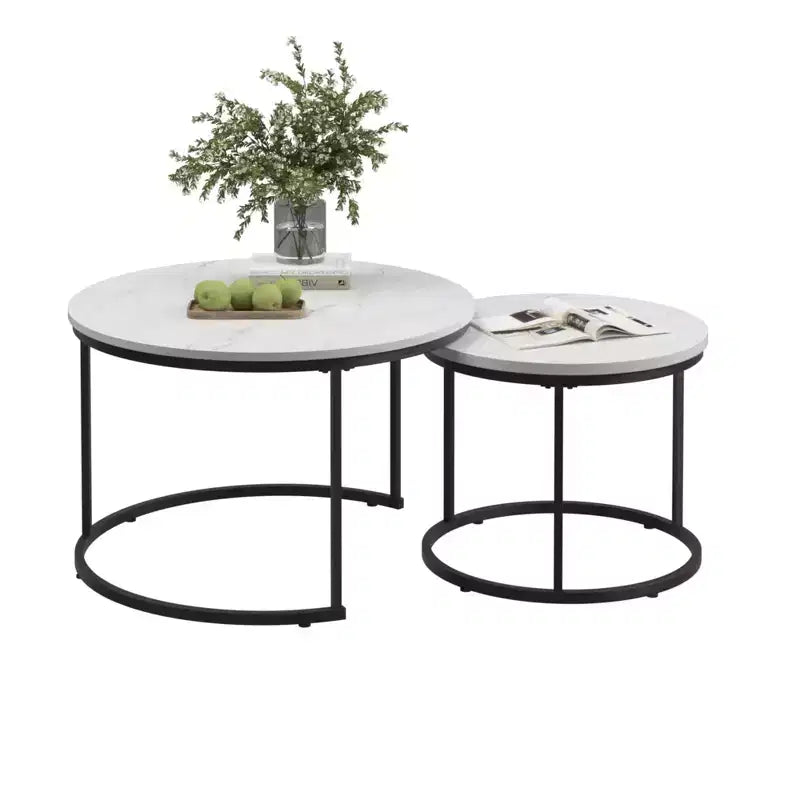 Lot de 2 tables basses gigognes rondes, tables d'appoint en marbre, noir/blanc/marron
