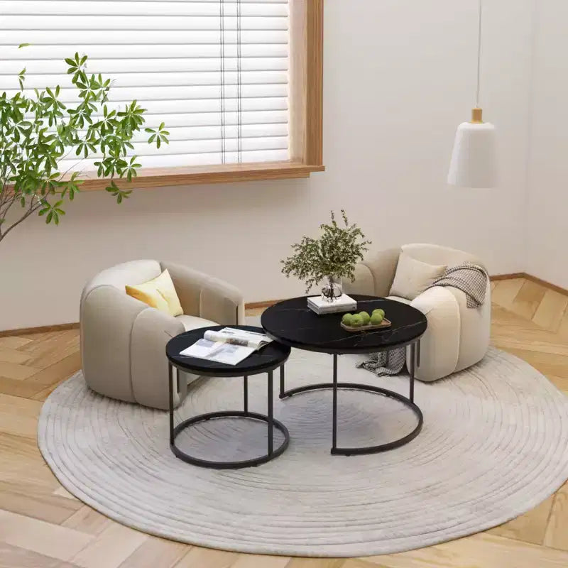 Lot de 2 tables basses gigognes rondes, tables d'appoint en marbre, noir/blanc/marron