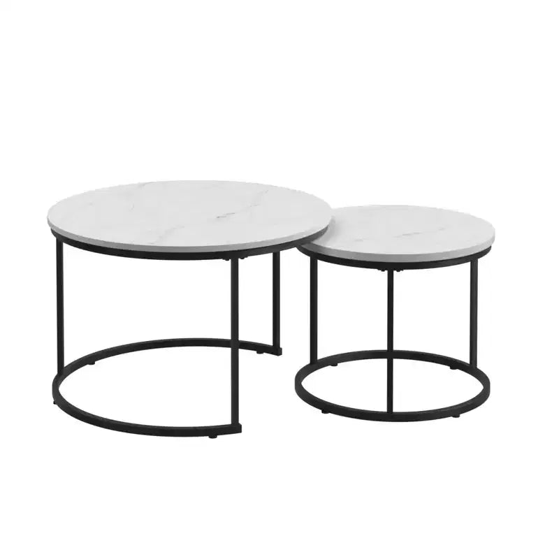 Lot de 2 tables basses gigognes rondes, tables d'appoint en marbre, noir/blanc/marron