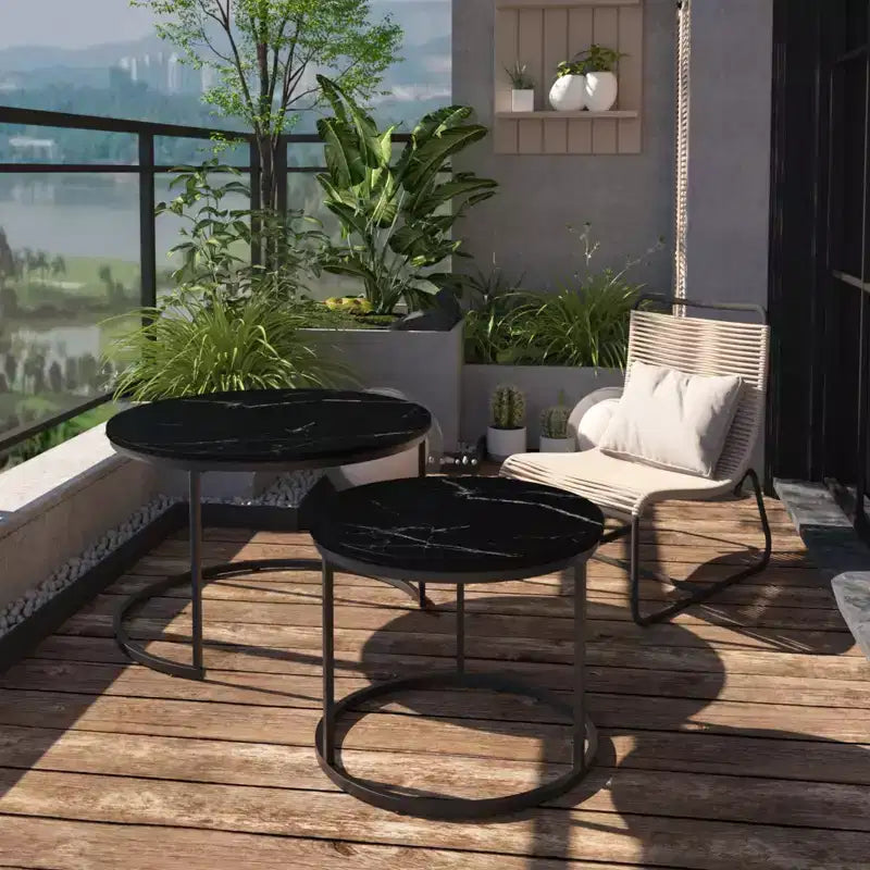 Lot de 2 tables basses gigognes rondes, tables d'appoint en marbre, noir/blanc/marron