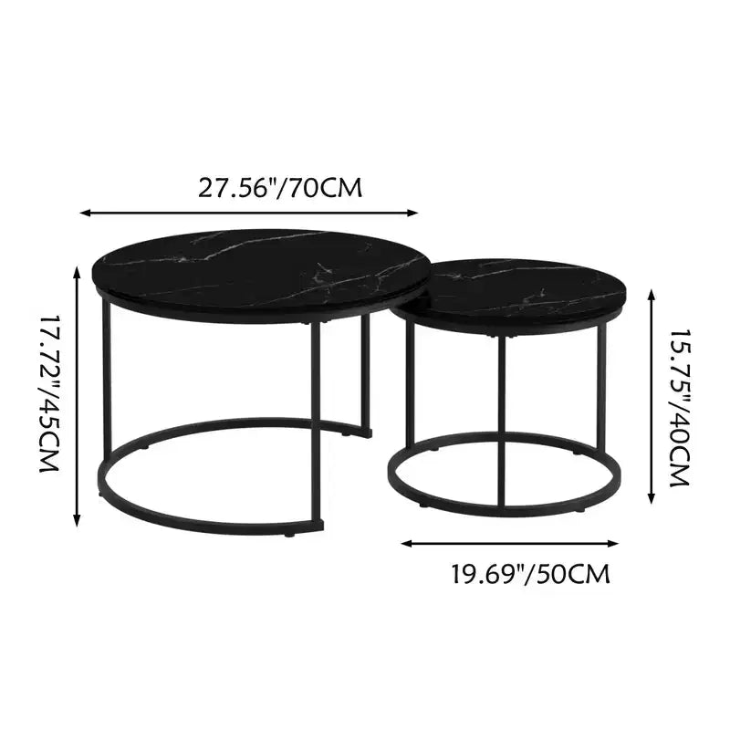 Lot de 2 tables basses gigognes rondes, tables d'appoint en marbre, noir/blanc/marron