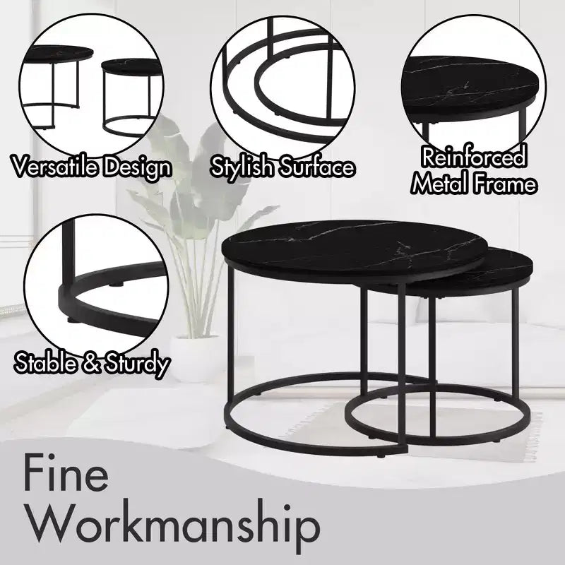 Lot de 2 tables basses gigognes rondes, tables d'appoint en marbre, noir/blanc/marron