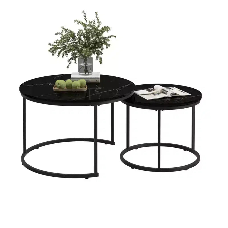 Lot de 2 tables basses gigognes rondes, tables d'appoint en marbre, noir/blanc/marron