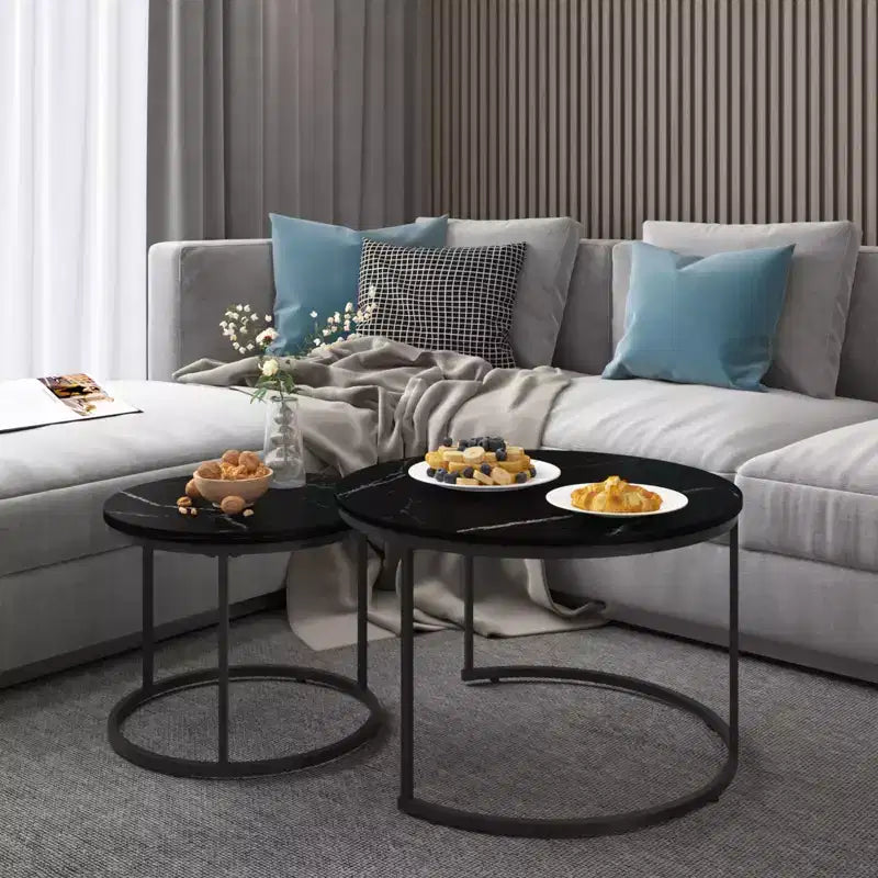 HOMLUX Set of 2 Nesting Coffee Table Round End Table Marble Side Table,Black/White/Brown